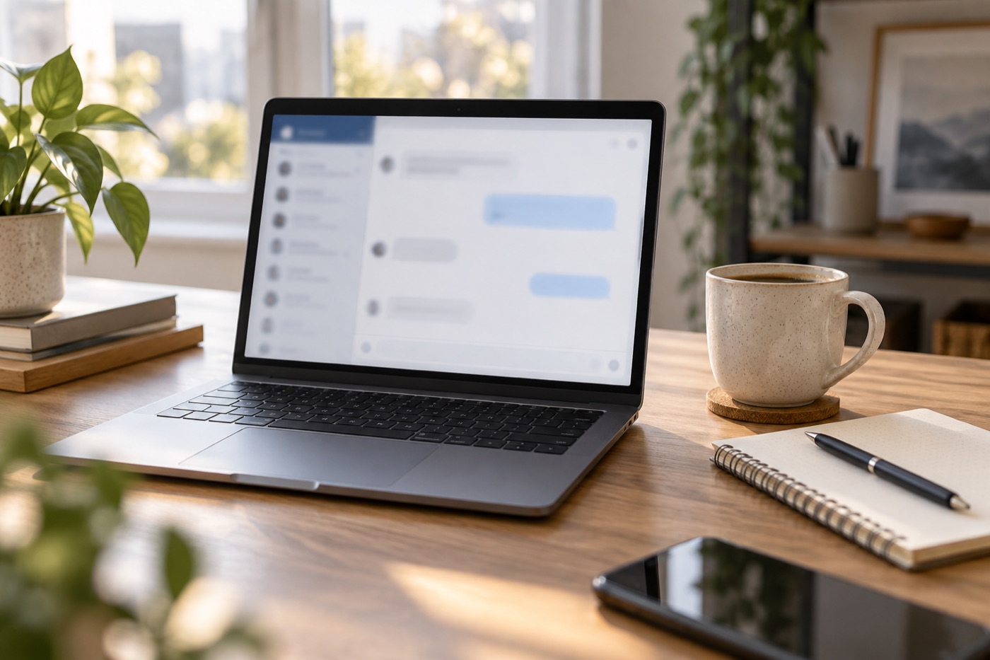 Laptop on an office desk with a blurred chat window on screen