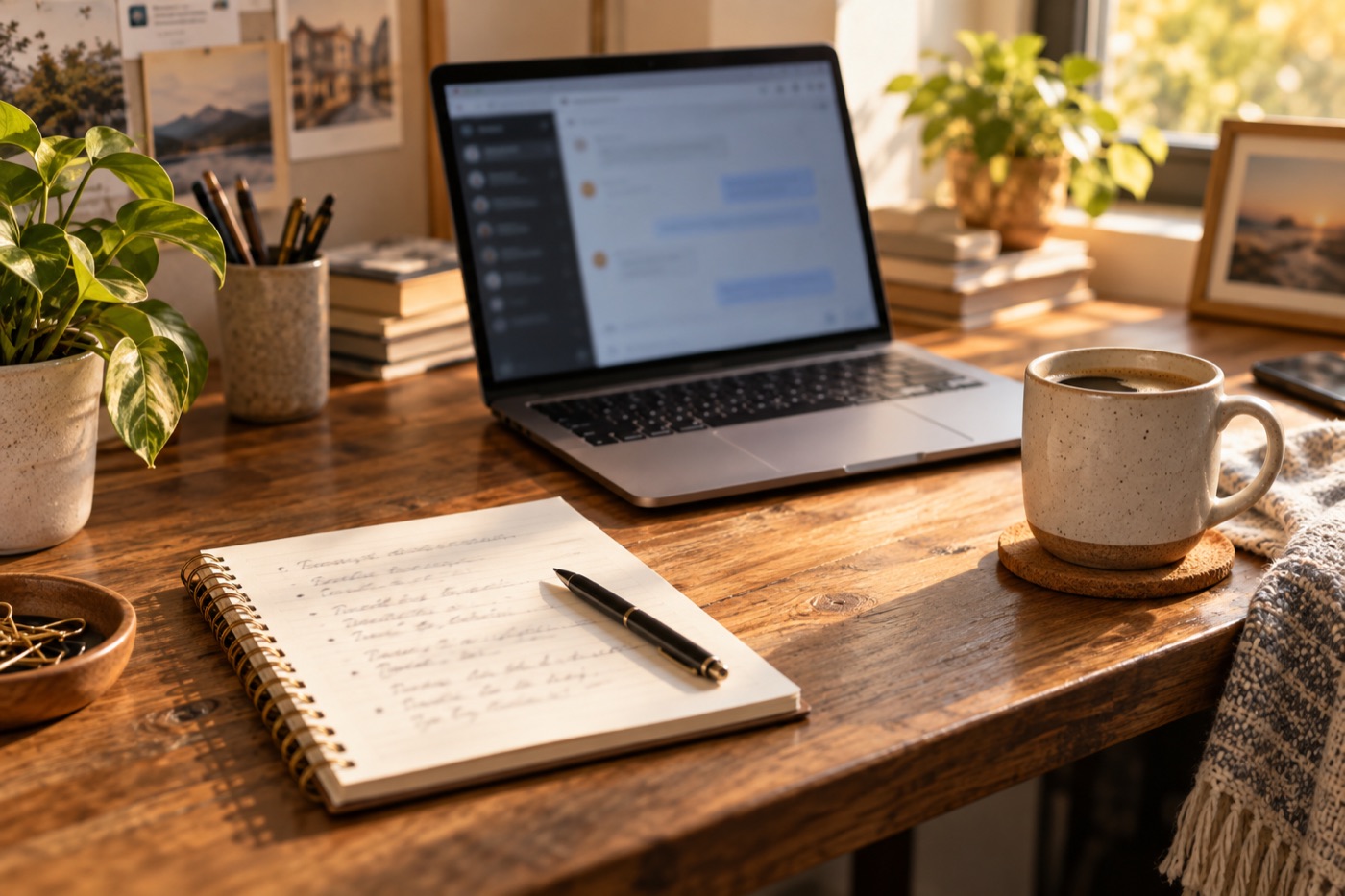 Laptop with a chat window open beside a notepad of business notes on a desk